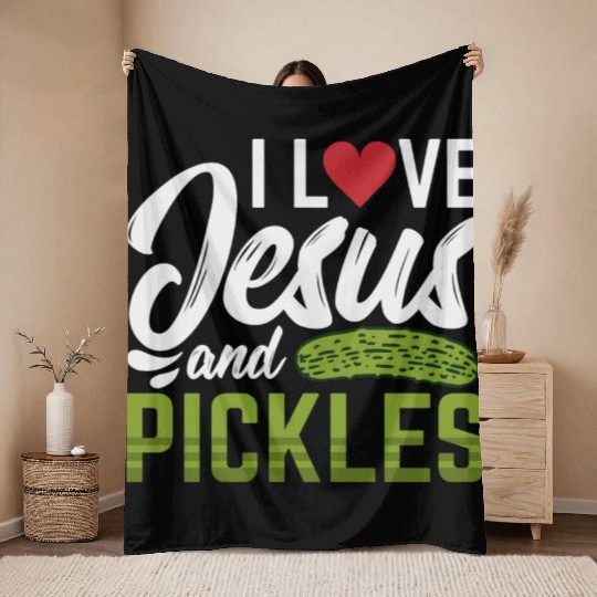 I Love Jesus And Pickles Throw Blankets