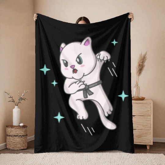 Kawaii Cat Ninja Kitten Fighter Karate Throw Blankets