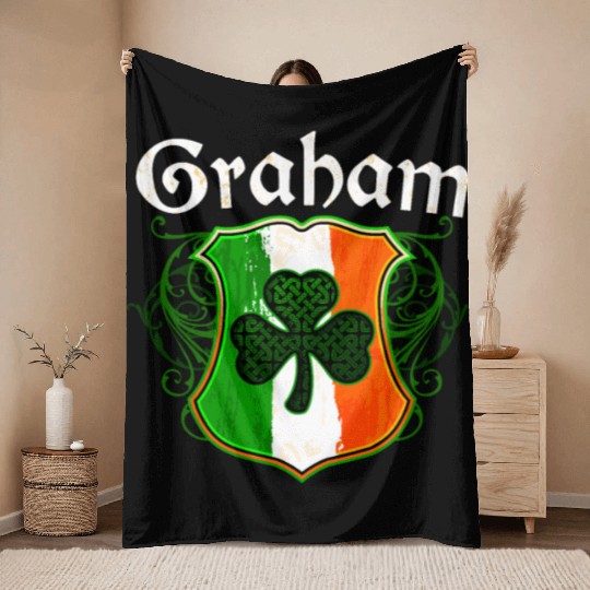 Graham Irish Surname Ireland Flag Shield Shamrock Throw Blankets