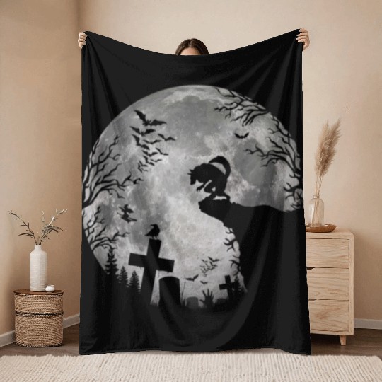Halloween Werewolf Full Moon Bats and Black trick Throw Blankets