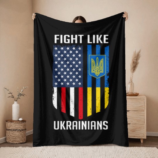 Fight Like Ukrainians Ukraine US Flag Throw Blankets