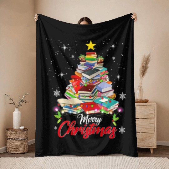 Merry Christmas Tree Love Reading Books Librarian Throw Blankets