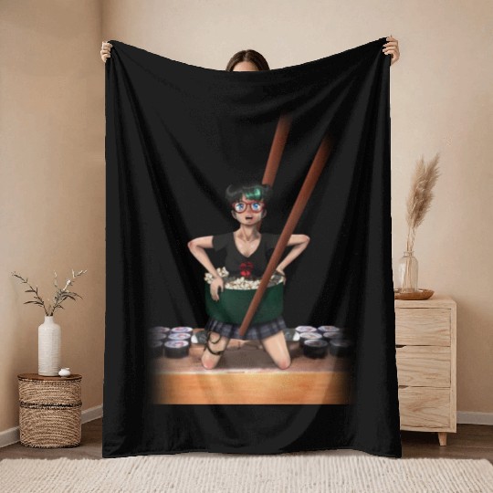 Anime Girl and Sushi Throw Blankets