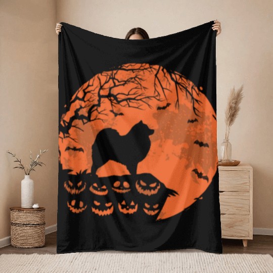 Keeshond And Moon Halloween Funny Dog Lover Gift Throw Blankets