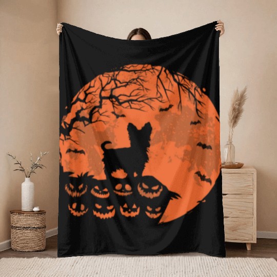 Yorkie Dog And Moon Halloween Funny Dog Lover Gift Throw Blankets