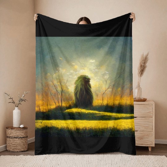 Lion meditate on sunrise, painting Throw Blankets