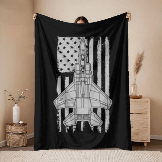 F-15 Eagle Fighter Jet Airplane American Flag F15 Throw Blankets