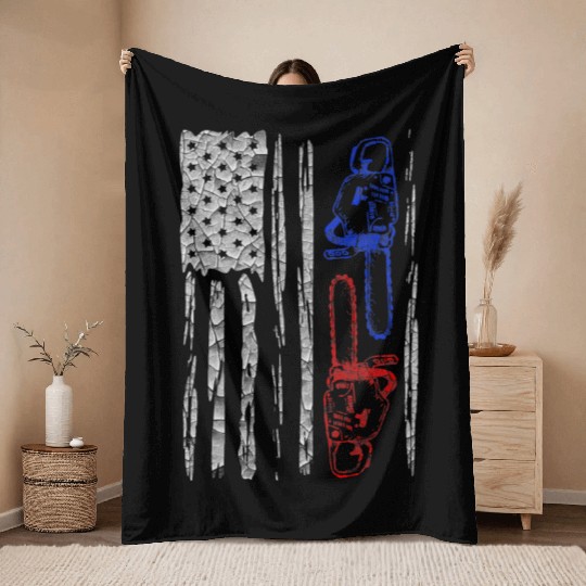 Vintage US FLAG CHAINSAW Lumberjack Logger Lumber Throw Blankets