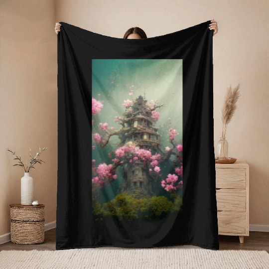 Underwater Sakura Temple Throw Blankets