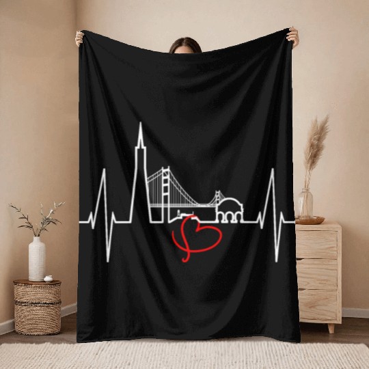 San Francisco Skyline Heartbeat California Lover Throw Blankets