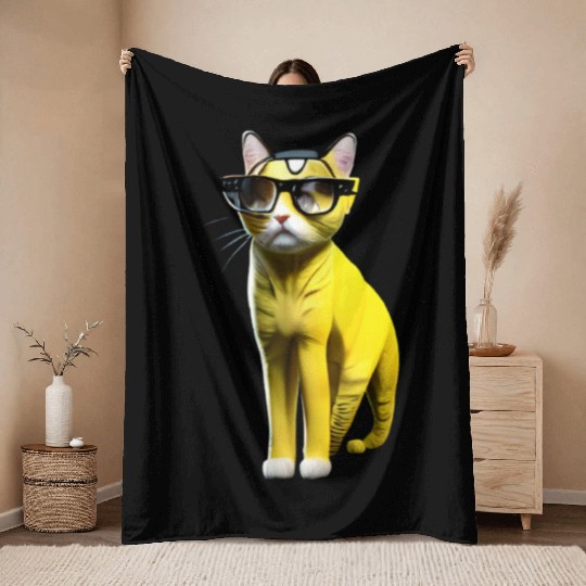 Yellow cute cat character _ cat’s sticker. Throw Blankets