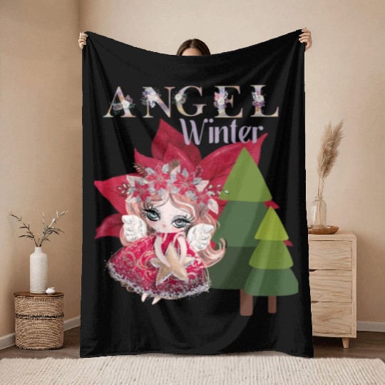 Winter Angel Christmas Tree Poinsettia Throw Blankets