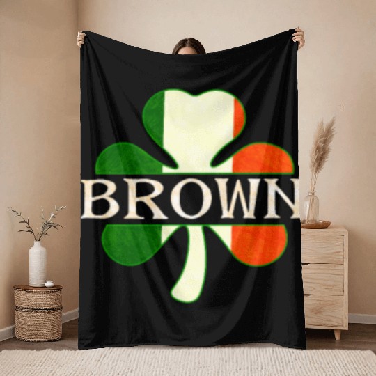 Brown Irish Surname Ireland Flag Shamrock Throw Blankets
