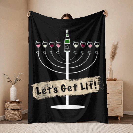 Let's Get Lit Wine Lovers Hanukkah Throw Blankets