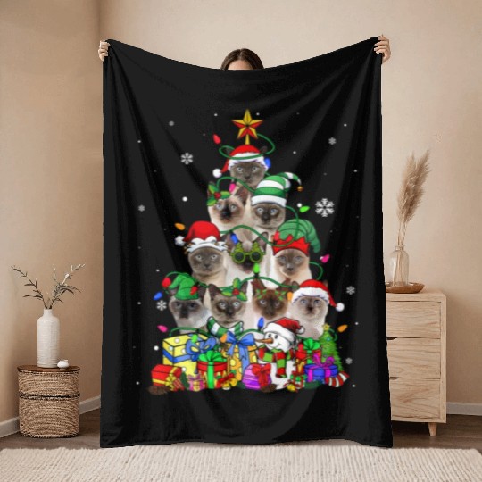Cat Lover Funny Siamese Tree Christmas Light Throw Blankets