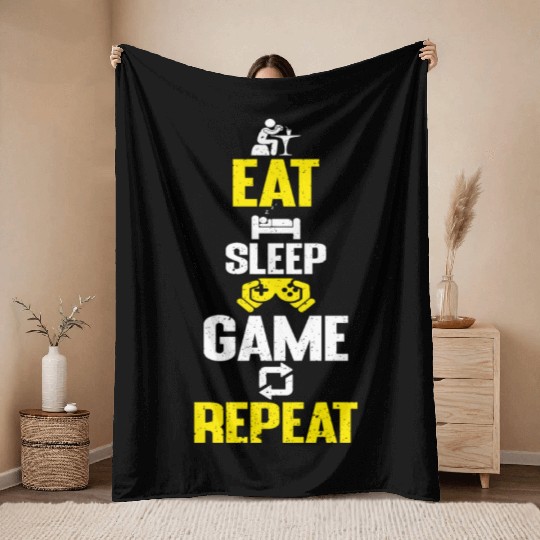 Eat sleep game repeat design funny gaming meme Throw Blankets