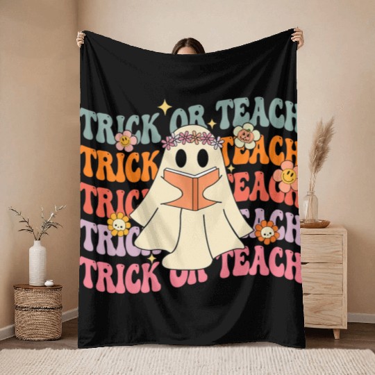 Groovy Trick or Teach Boo Ghost Pre-K Teacher Life Throw Blankets