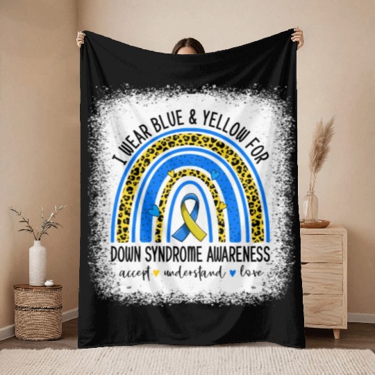 I Wear Blue Yellow For Down Syndrome Awareness Throw Blankets