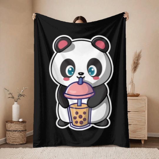 Panda Bear Boba Milk Tea Funny Bubble Tea Lovers Throw Blankets