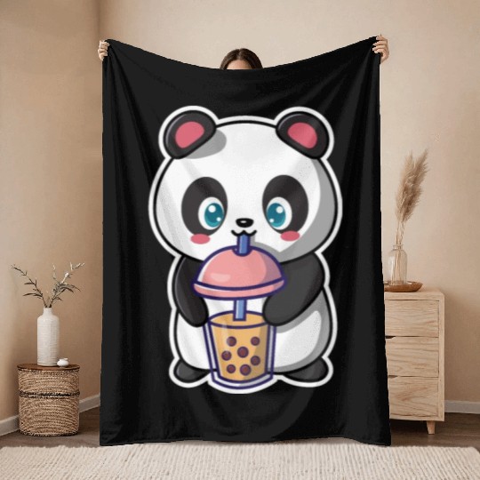 Panda Bear Boba Milk Tea Funny Bubble Tea Lovers Throw Blankets