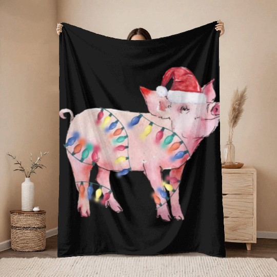 Santa Pig Christmas Lights Pig Lover Christmas Throw Blankets