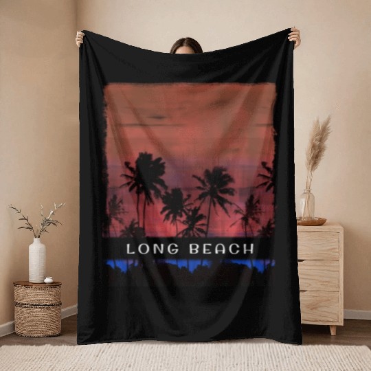 Long Beach California Vacation Souvenir Palm Tree Throw Blankets
