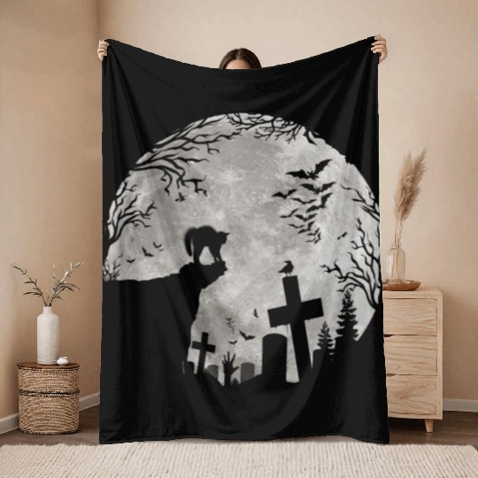Halloween Black Cat Werewolf Full Moon Bats trick Throw Blankets