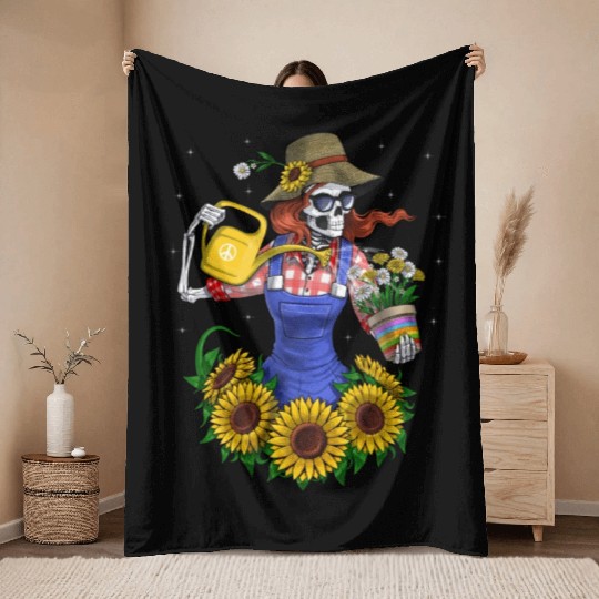 Skeleton Gardening Plants Throw Blankets