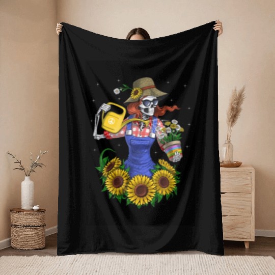 Skeleton Gardening Plants Throw Blankets