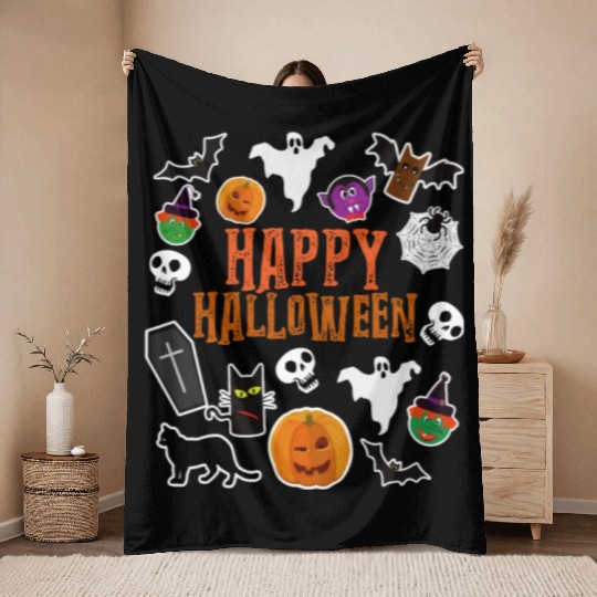 Pumpkin Lantern Skull Ghost Happy Halloween Throw Blankets