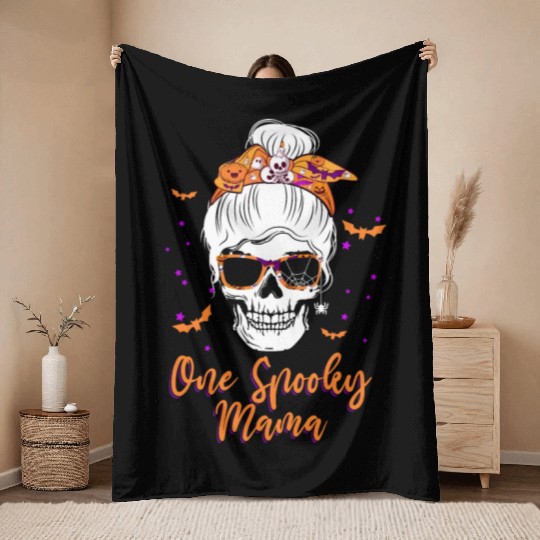 One Spooky Mama Skull Pumpkin Halloween Throw Blankets