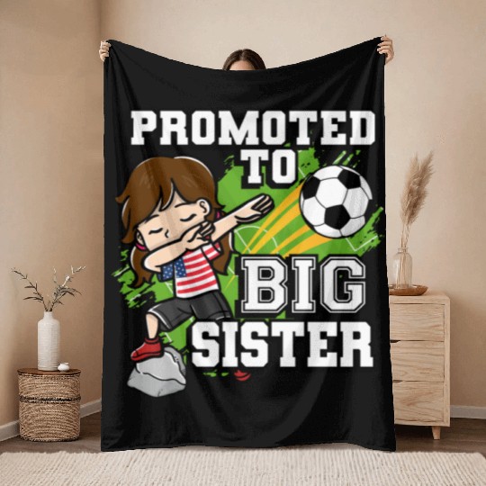 Promoted To Big Sister Soccer Player American Flag Throw Blankets