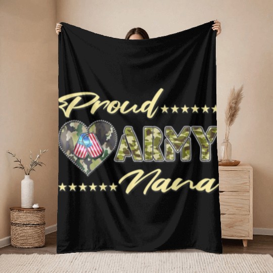 Womens Proud Army Nana US Flag Dog Tag Military Throw Blankets