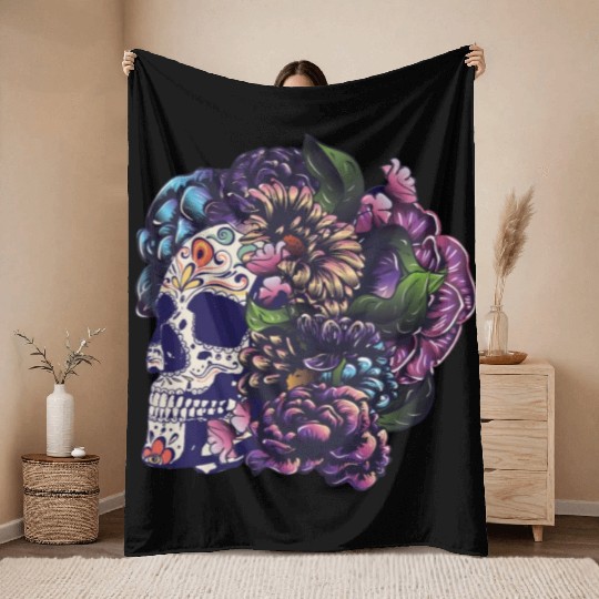Halloween Sugar Skull And Flowers Throw Blankets