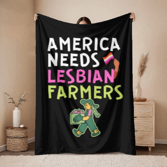 America Needs Lesbian Farmers pink farmer girl Throw Blankets
