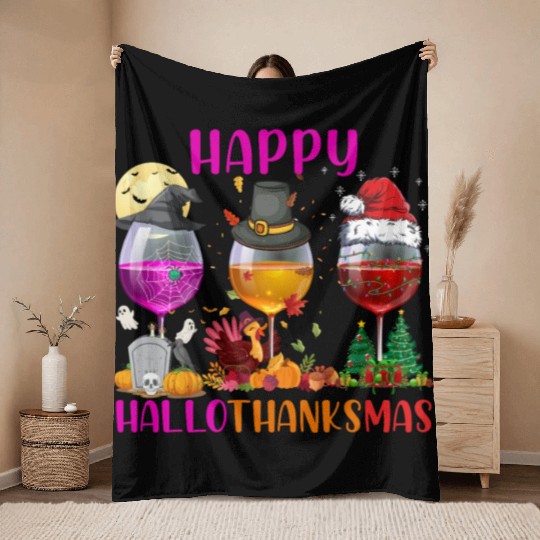 Happy Hallothanksmas Wine Lover Halloween Thankful Throw Blankets