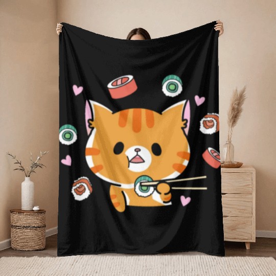 Kawaii Cat Eating Sushi Japanese Raw FoodKawaii Throw Blankets