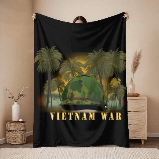 Vietnam Era Helmet Cover - Band - Front - War is H Throw Blankets