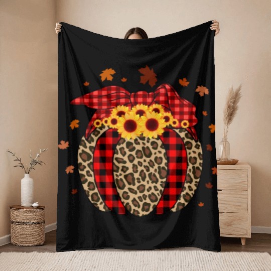 Pumpkin Jack O' Lantern Leopard Plaid Halloween Throw Blankets