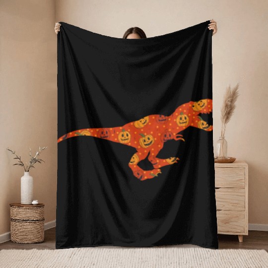 Dinosaur Pumpkin Head Jack O' Lantern Halloween Throw Blankets