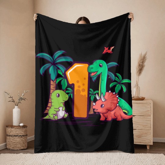 1st Birthday T-Rex Triceratops Dinosaur 1 Year Throw Blankets