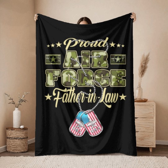 Proud Air Force Father In Law US Flag Dog Tags Throw Blankets