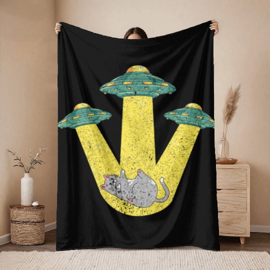 Science Fiction UFO Cat Abduction Pet Animal Alien Throw Blankets