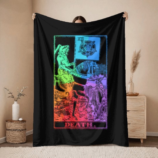 Death Tarot Card Psychic Occult Pagan Witch Rainbo Throw Blankets