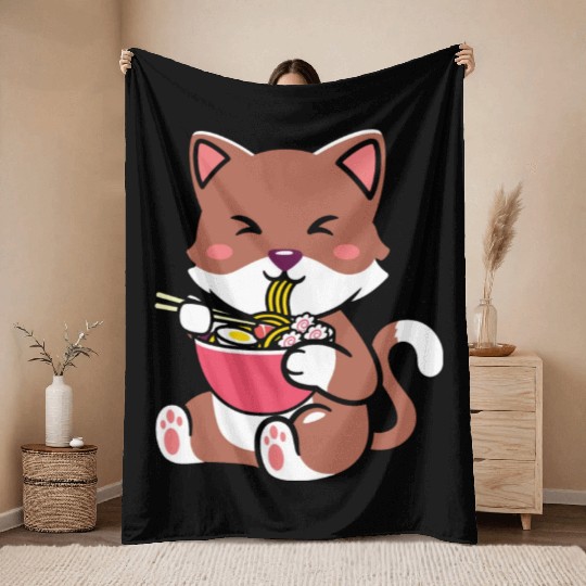 womens kawaii cat ramen anime neko teen boys girls Throw Blankets