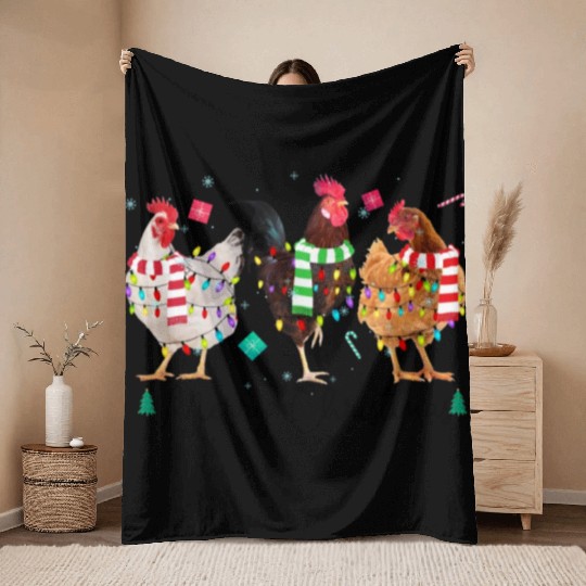 Merry Christmas Funny Chicken With Christmas Light Throw Blankets