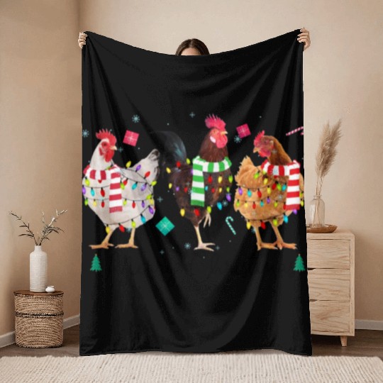 Merry Christmas Funny Chicken With Christmas Light Throw Blankets