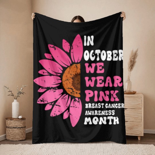 In October We Wear Pink Sunflower Throw Blankets