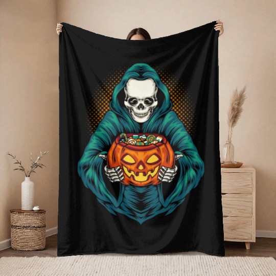 Grim Reaper With Scary Pumpkin - Halloween Throw Blankets