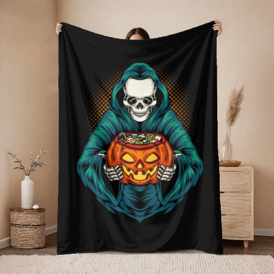 Grim Reaper With Scary Pumpkin - Halloween Throw Blankets